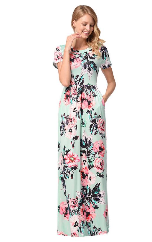 SZ60130-3 Womens Short Sleeve Floral Print Maxi Dress With Pockets